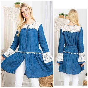 French Lace Trim Pom Pom Embroidered Accents BOHO Belt Blue Denim Tunic Top 5114